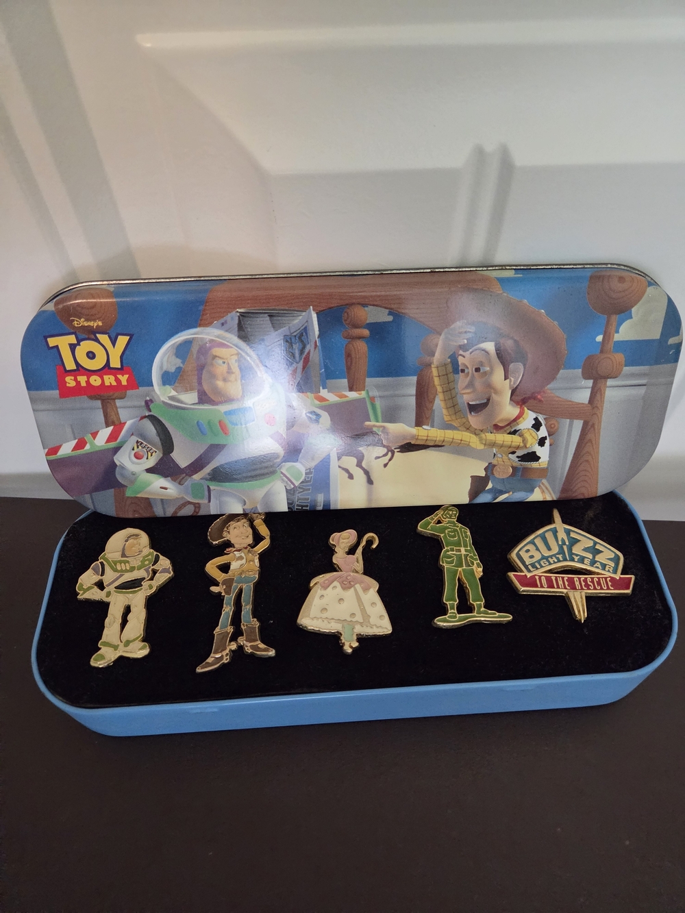 Vintage Disney Toy Story Character Pin Set - Blue Tin Case